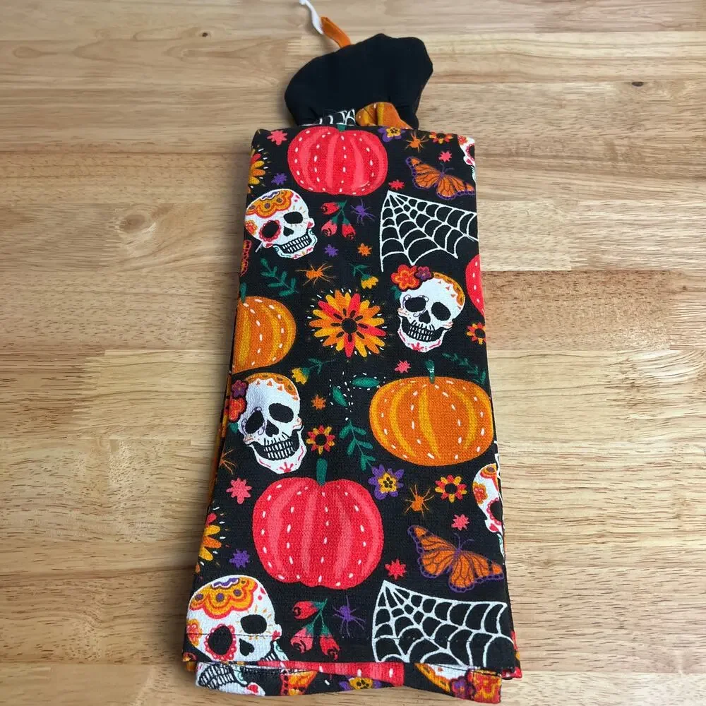 Lunaville Halloween Sugar Skull Black Kitchen Towels - Set of Two - NWT